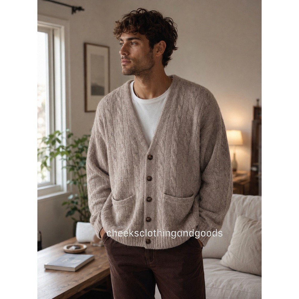 Vtg Kountz & Rider Beige Cable Knit Button Cardigan All Wool Mens XL
